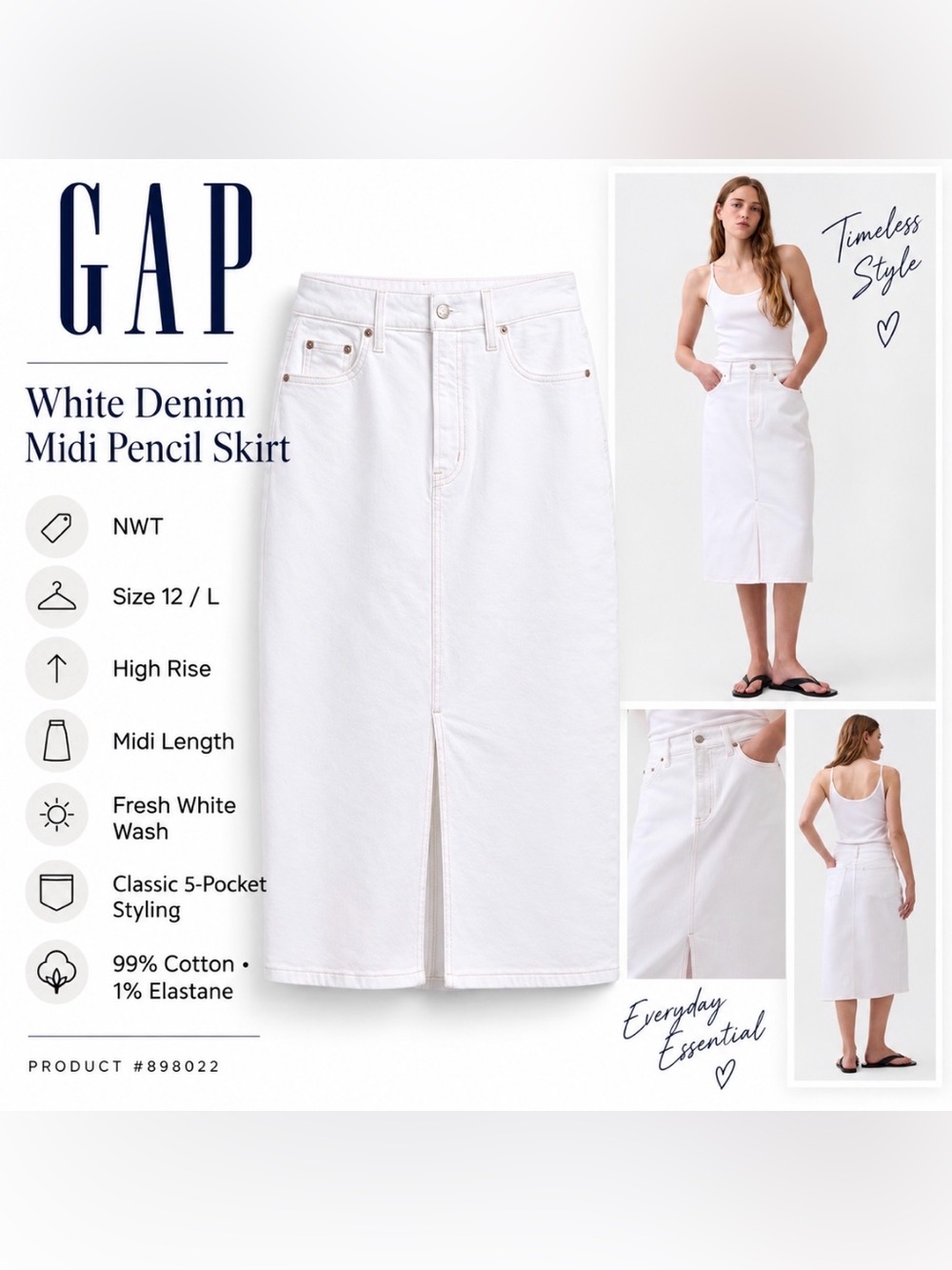GAP White Denim Pencil Skirt with Front Slit